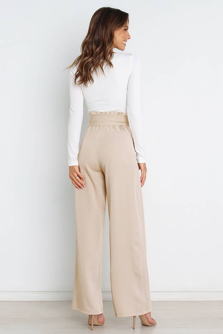 WOMEN TIED WAIST WIDE LEG OFFICE WORK PANTS