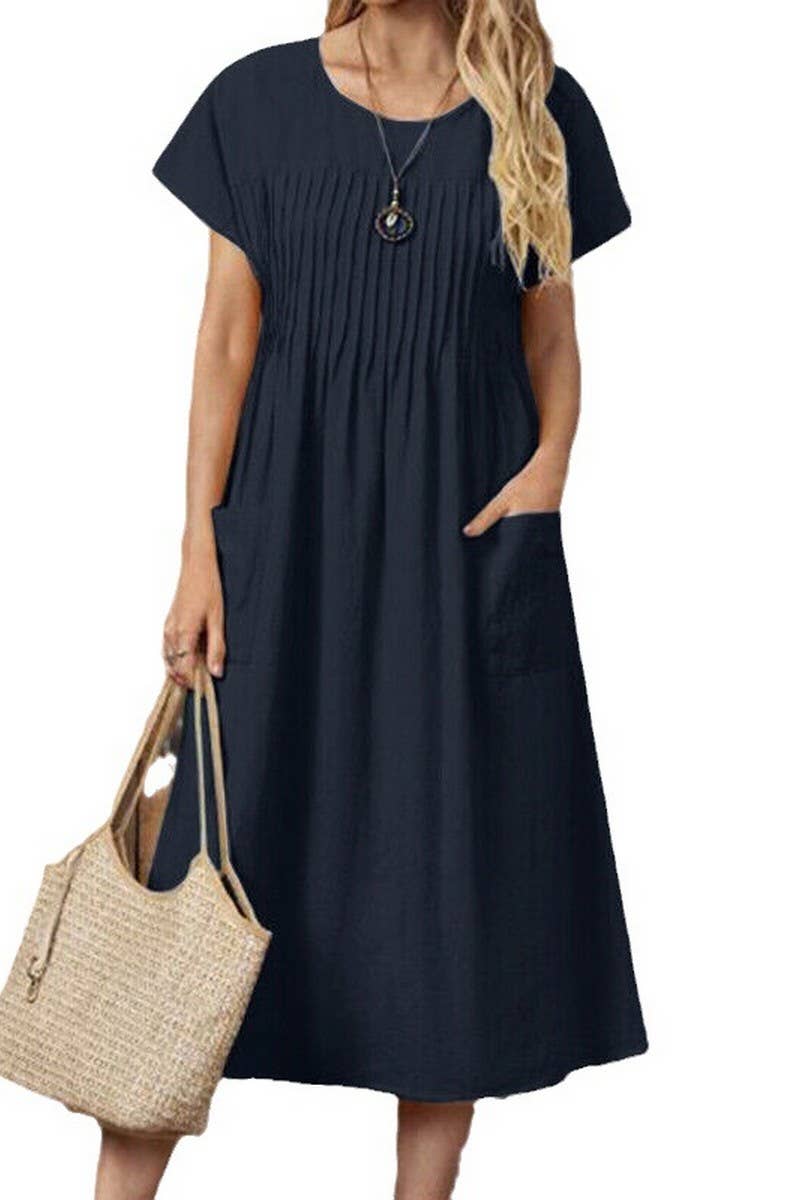 CWDMD3158_ROUND NECK POCKET PLEATED COTTON AND LINEN DRESS