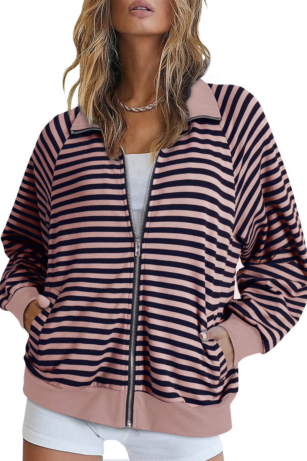 STRIPED ZIP COAT WITH LAPEL IN CONTRASTING COLORS