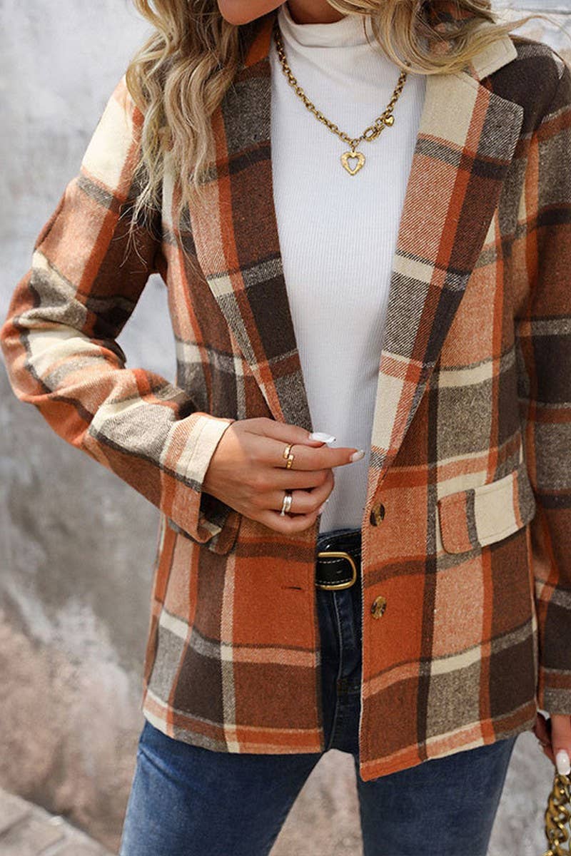 CWOCO0651_CHECK VINTAGE BUTTON LAPEL BLAZER