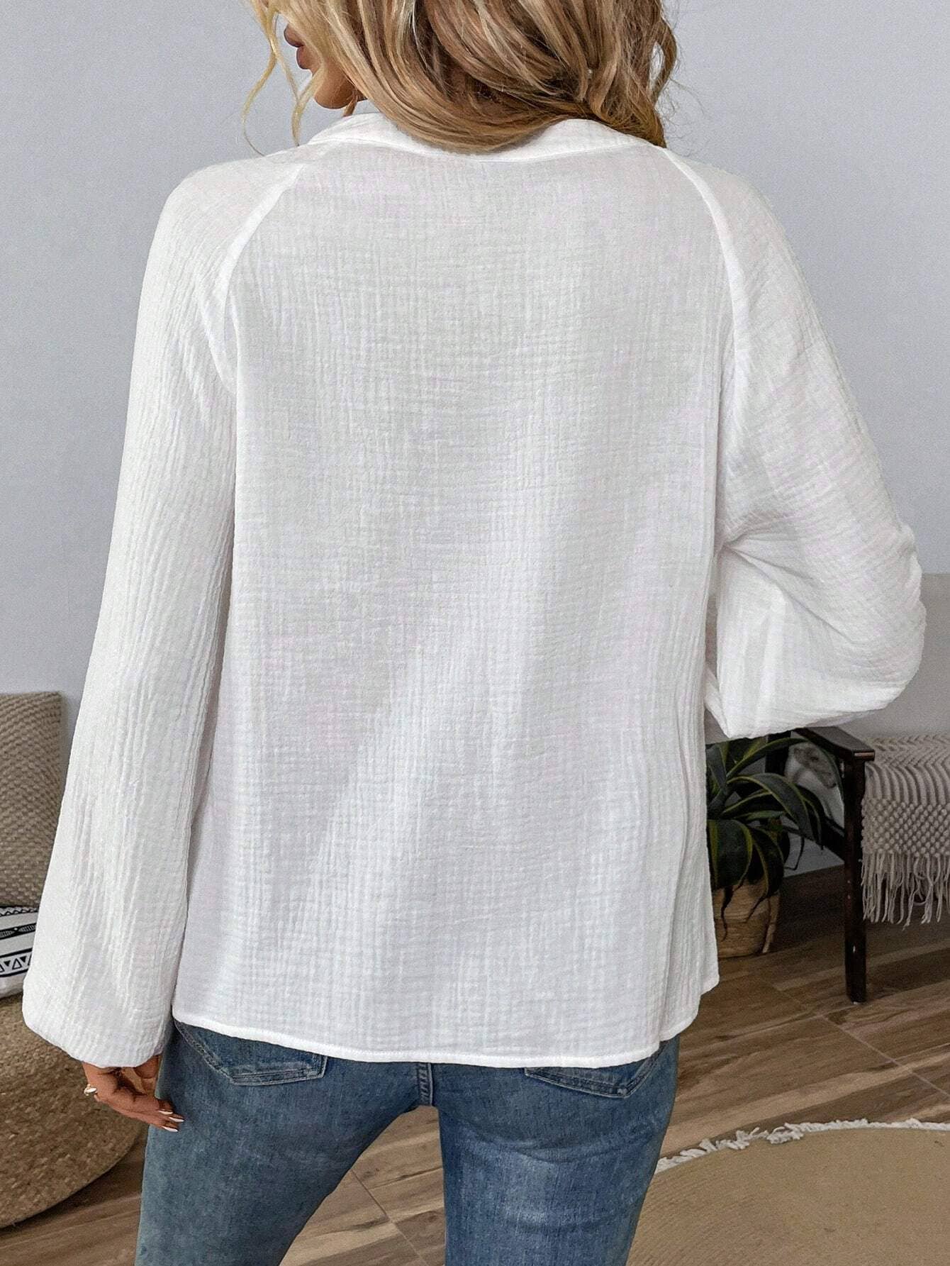 Ethnic-style V-neck embroidered pure cotton top
