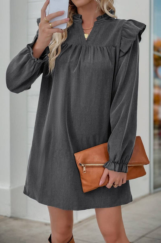 CWDSD6203_SOLID COLOR RUFFLED LONGSLEEVE STAND COLLAR DRESS