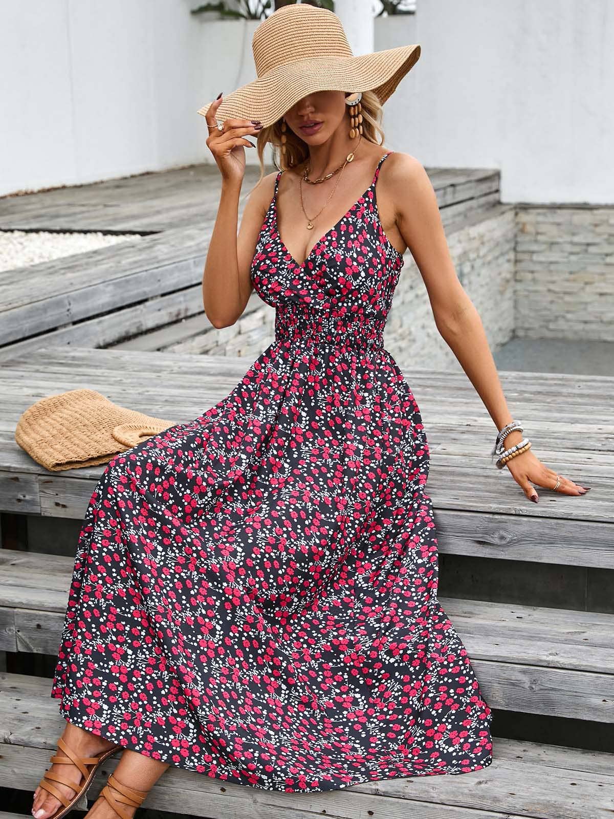 PRINTED HALTER V-NECK WAIST DRESS
