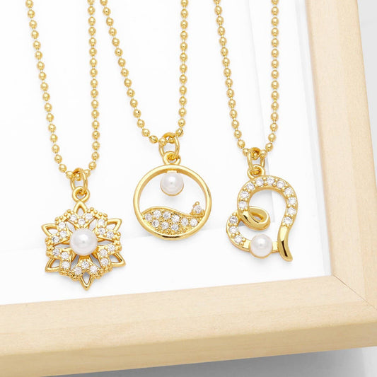 FLOWER PEARL INLAID ZIRCONIUM PENDANT NECKLACE