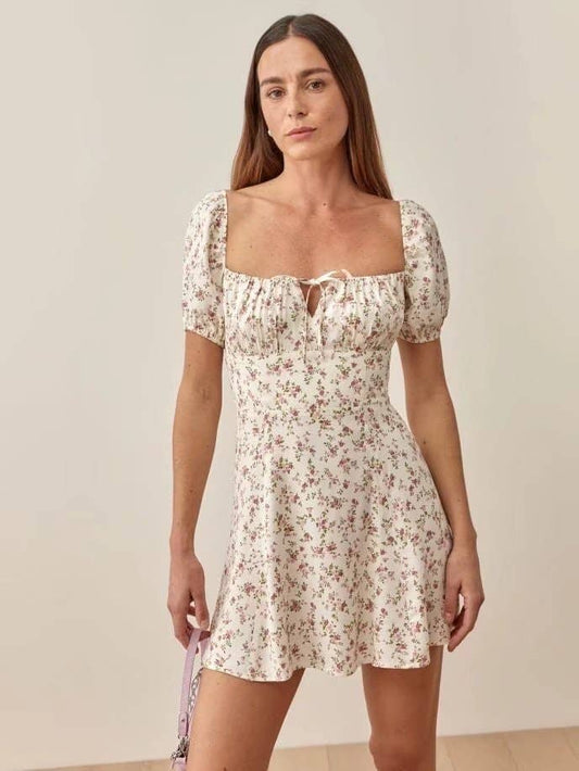 VINTAGE PLEATED PUFFY SLEEVES SQUARE NECK FROCK