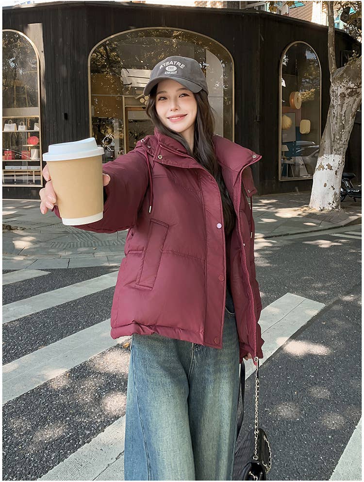 Hooded and textured short cotton-padded jacket