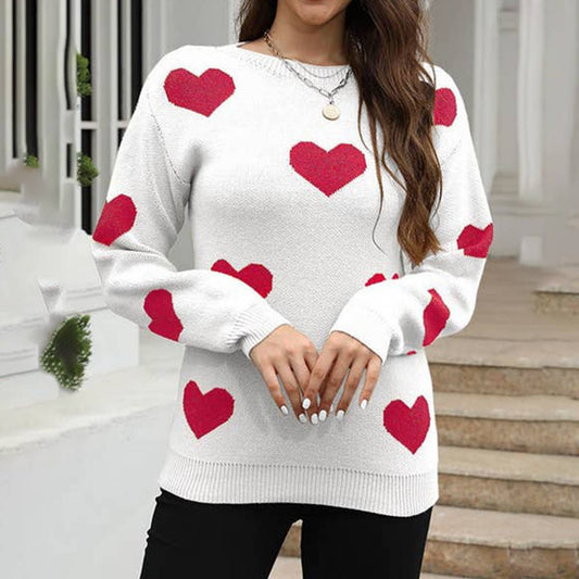 Long sleeve sweater with loose jacquard love pullover