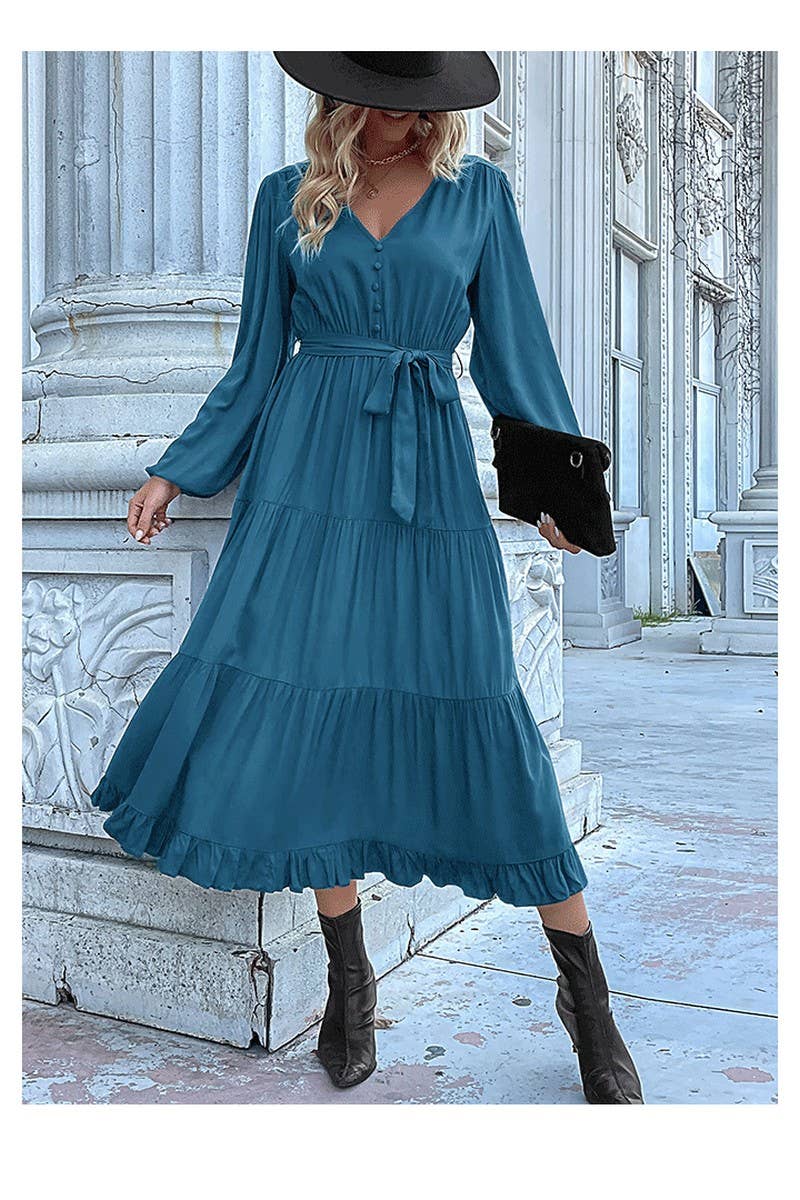 CWDMD01042_CASUAL WORK TIE WAIST LONG SLEEVE DRESS