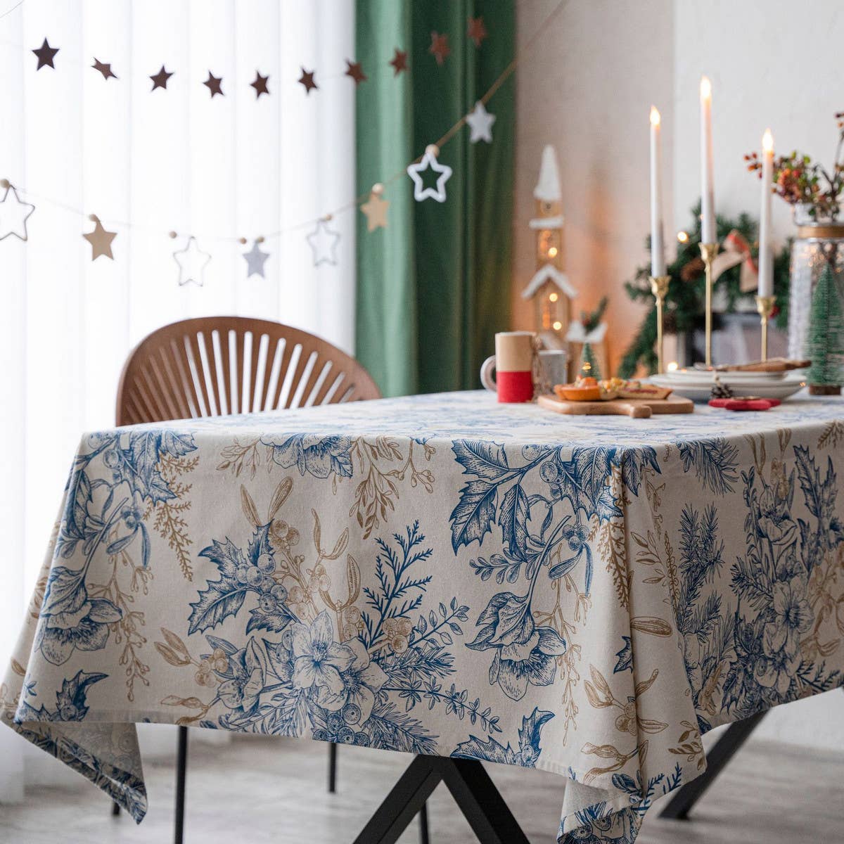 PINE BRANCH BLUE PRINTED RECTANGULAR TABLECLOTH_CWMM0948