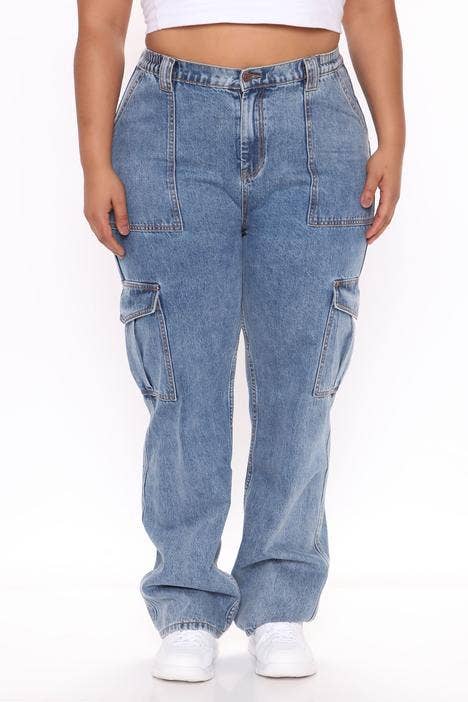 HIGH-WAISTED ELASTIC-WAISTBAND BAGGY CARGO JEANS