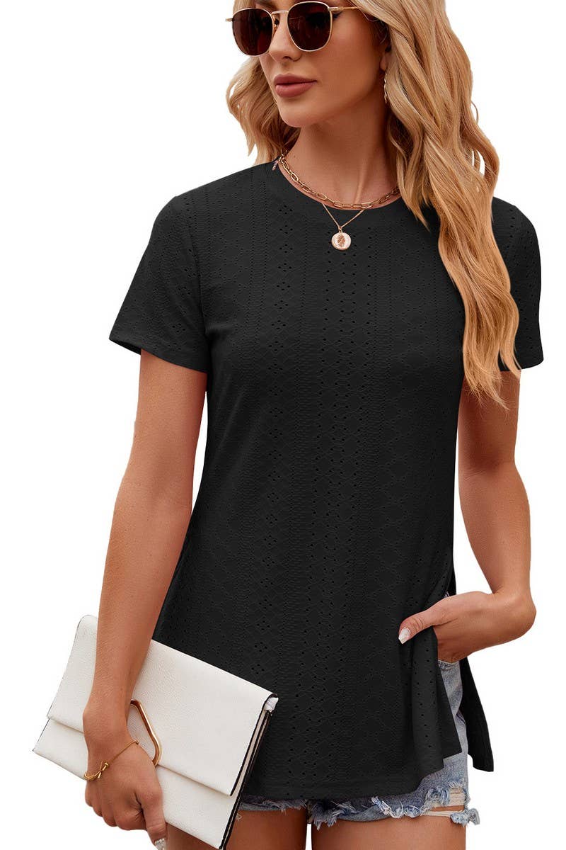 SOLID COLOR CREW NECK SHORT SLEEVE SPLIT TOP_CWTSTS0145