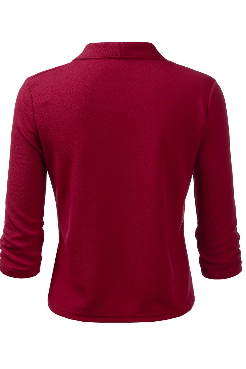 CWOBL091_Casual Work Ruched 3/4 Slv Open Front Blazer Jacket