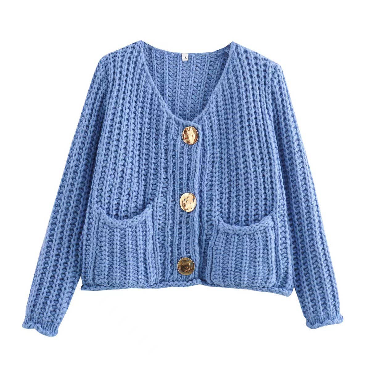 SOLID COLOR SINGLE ROW ROUND BUTTON KNIT CARDIGAN