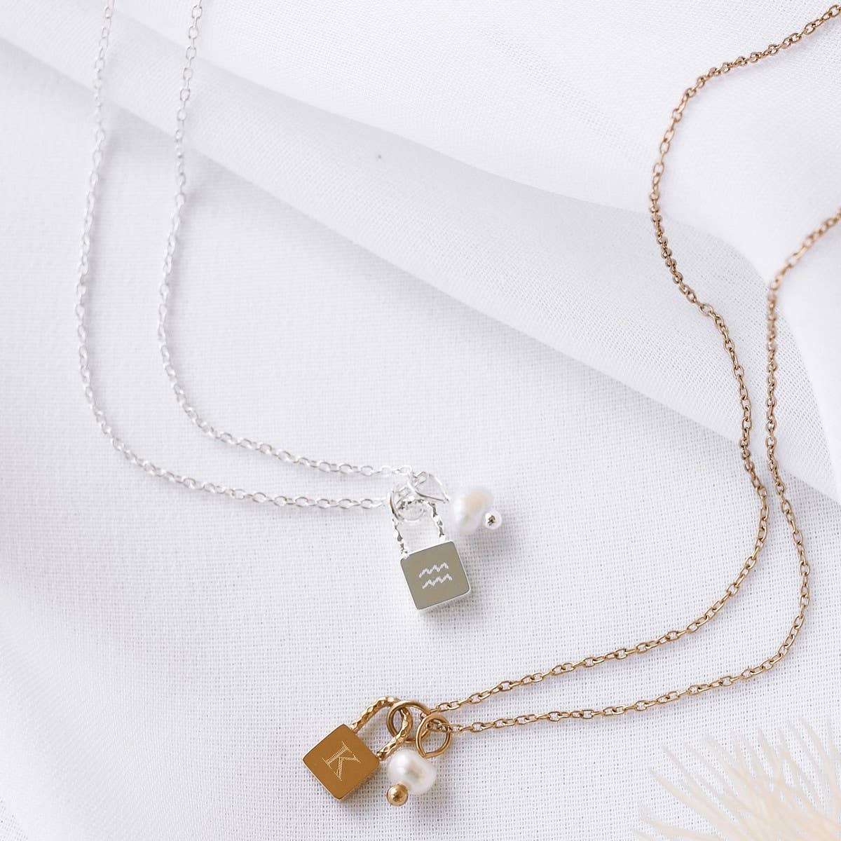 Stainless Steel Letter Pearl Lock Pendant Necklace_CWMM5298