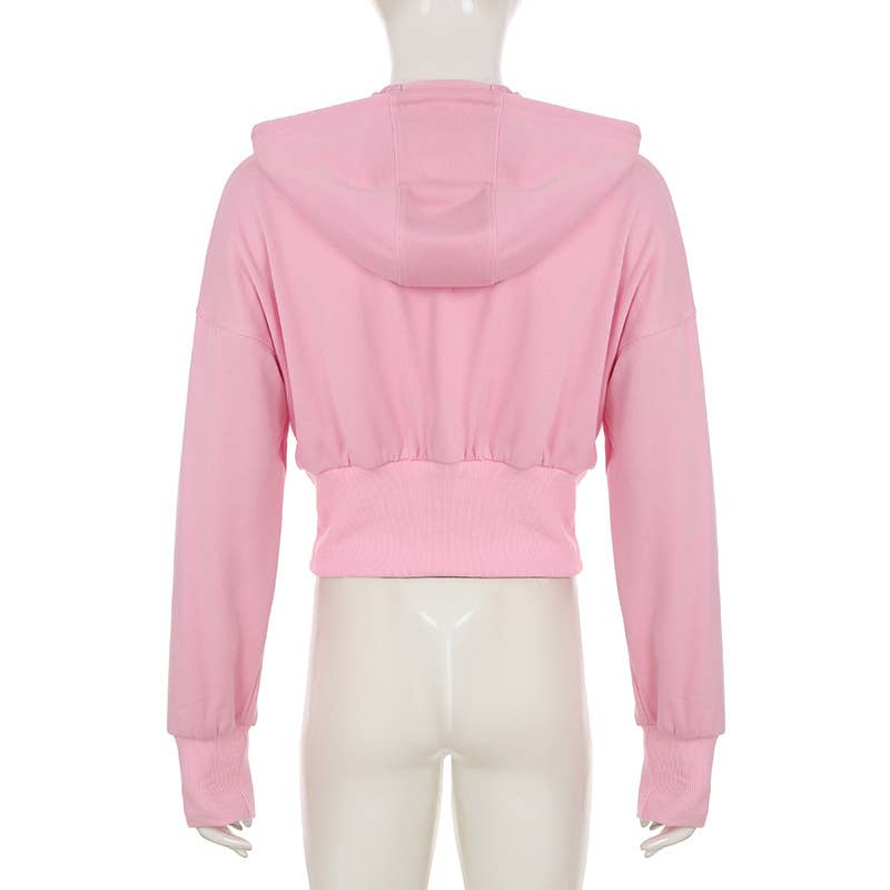 THREAD WAIST SLIMMING ZIPPER HOODED LOOSE JACKET