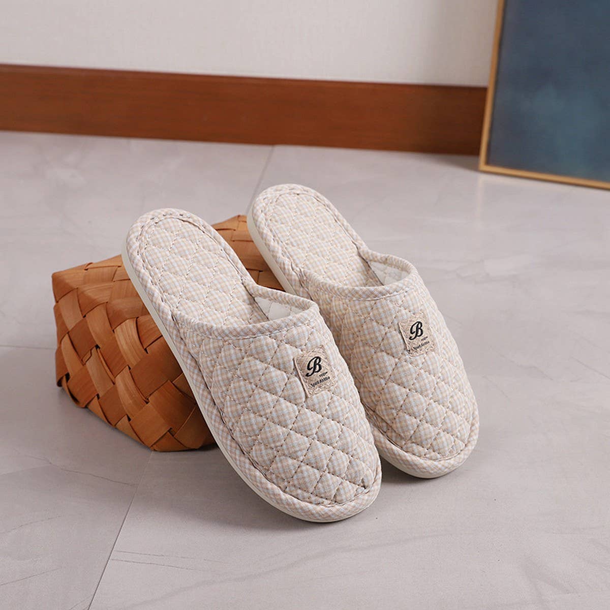Plaid Cotton Closed-Toe Slippers with Rubber Sole_CWSHF0201