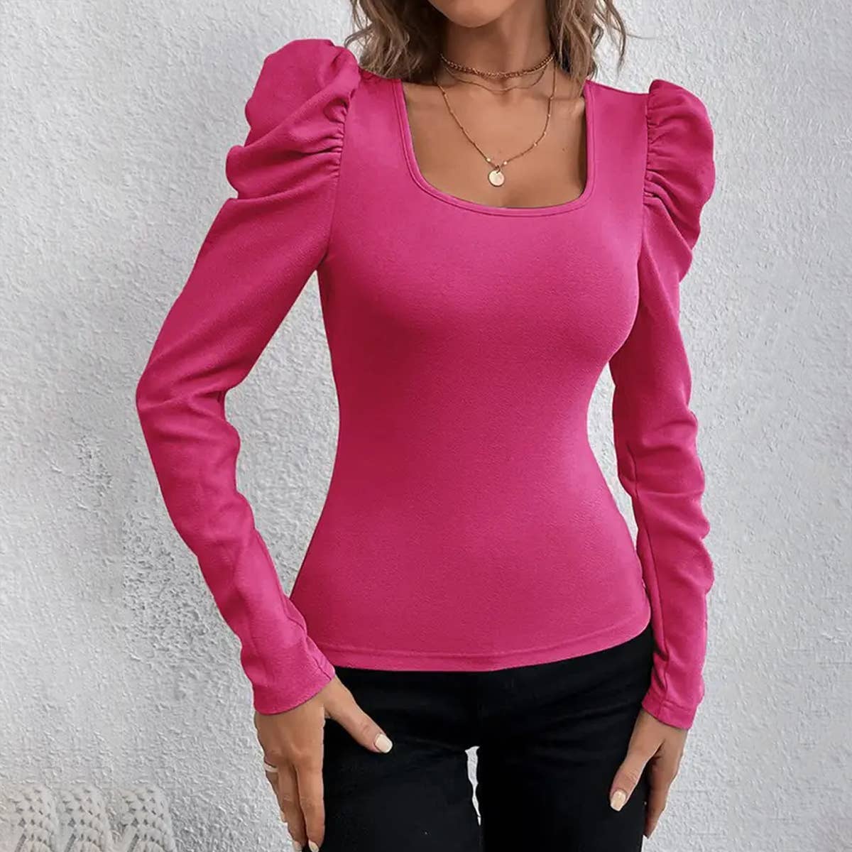 STYLISH SQUARE NECK SLIM KNIT LONG SLEEVED SHIRT_CWTSTL1096