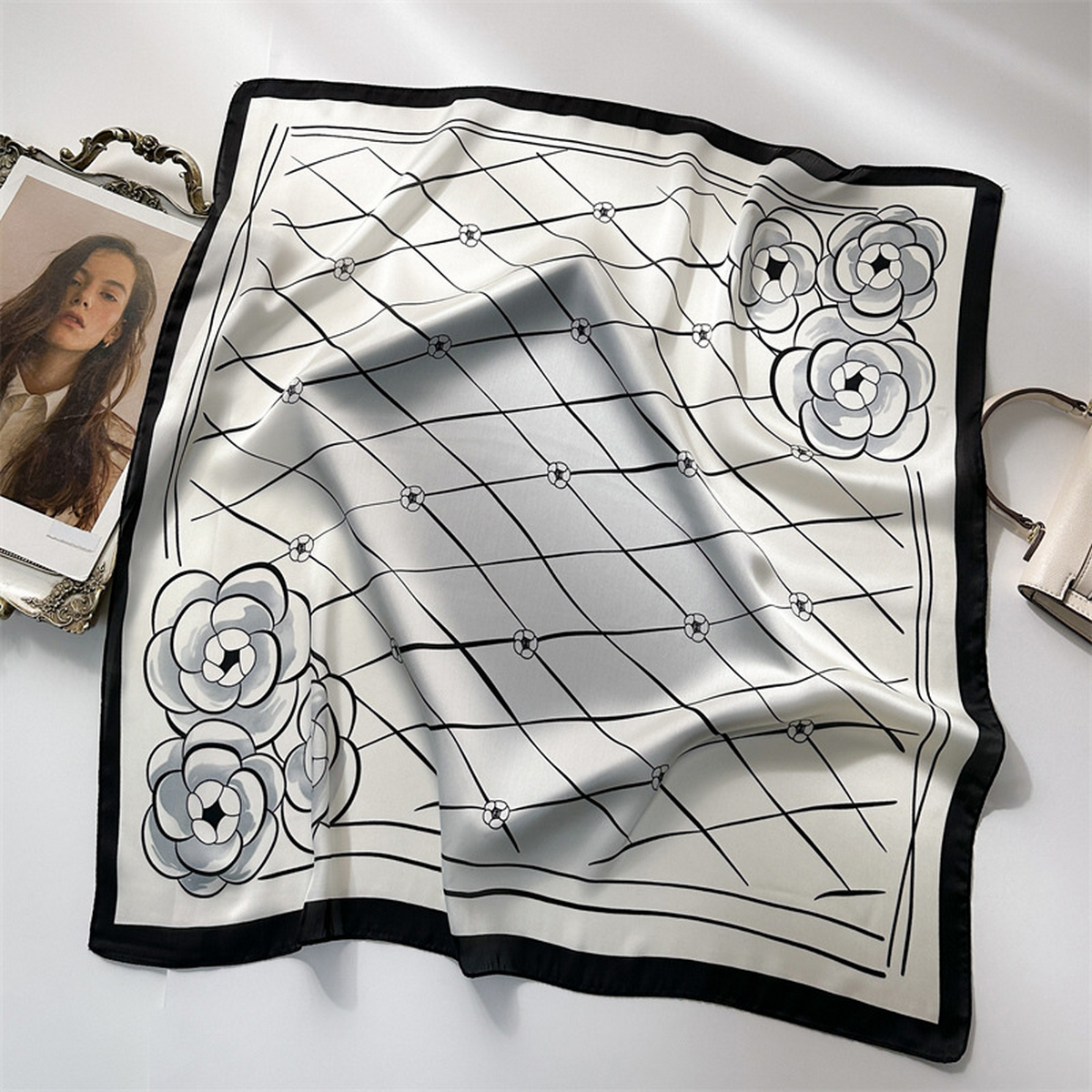 Lily Print Satin Square Scarf for Summer Sun