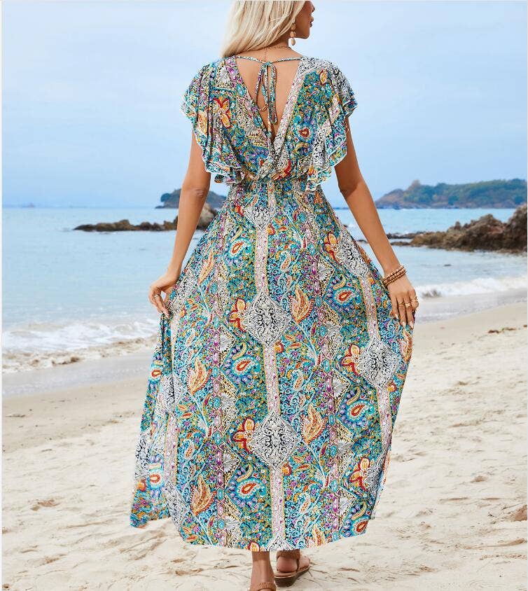 Printed peplum short sleeve split holiday dress