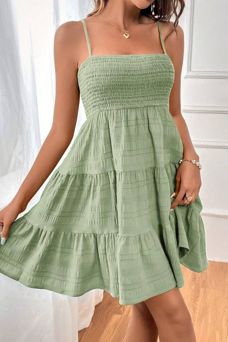 CWDHL0739_SUMMER SOLID COLOR TEXTURED SUSPENDER DRESS