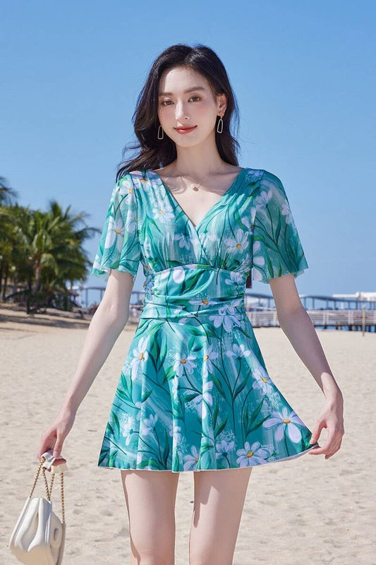 CWMW0860_PRINTED HIGH WAIST BACKLESS ONE-PIECE SWIM DRESS