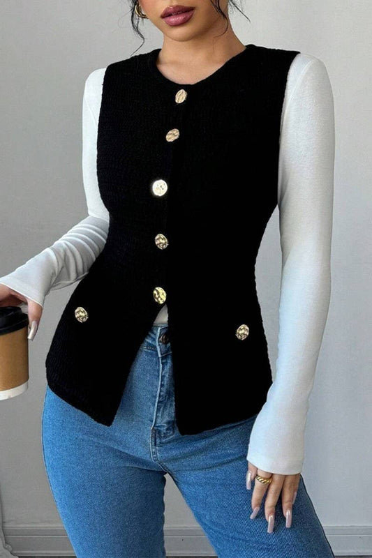 CWOCASL0045_SOLID COLOR SLEEVELESS BUTTON VEST CARDIGAN