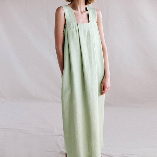 LOOSE LINEN SQUARE COLLAR SUSPENDERS DRESS