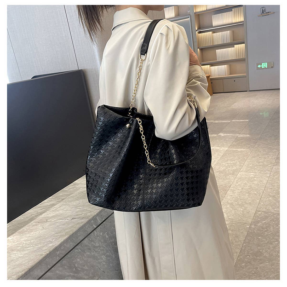 WOMEN SOLID COLOR PLAID TOTE BAG_CWAB1594