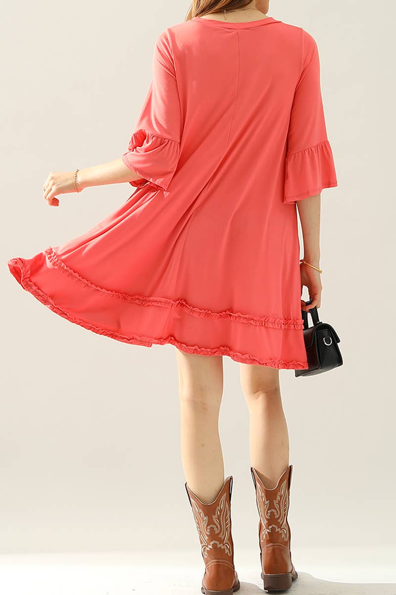 CWDSD10355_SMALL RUFFLE DETAILS 3/4 SLEEVE TIERED DRESS