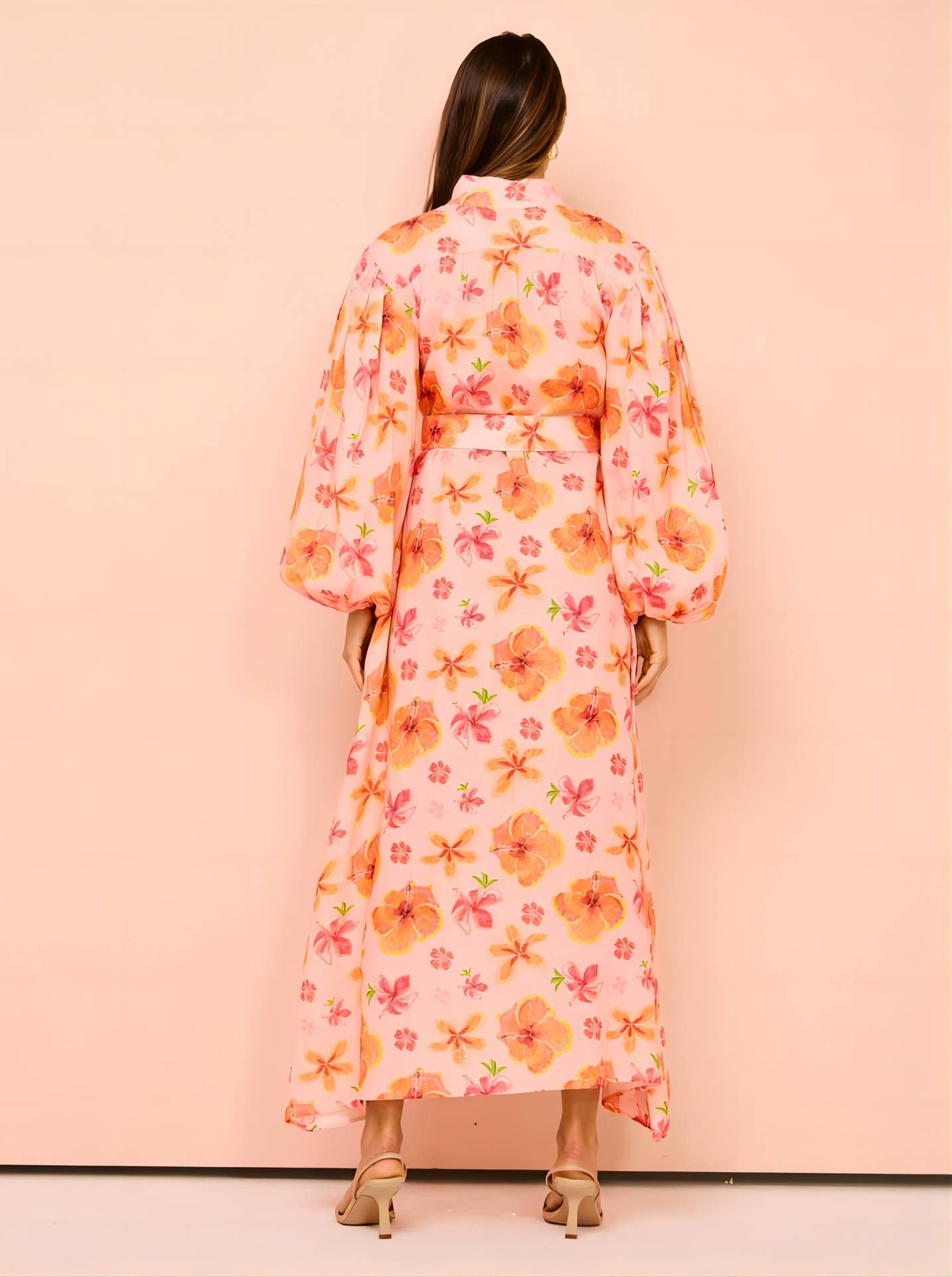 STAND COLLAR LANTERN SLEEVE SLIT LONG DRESS