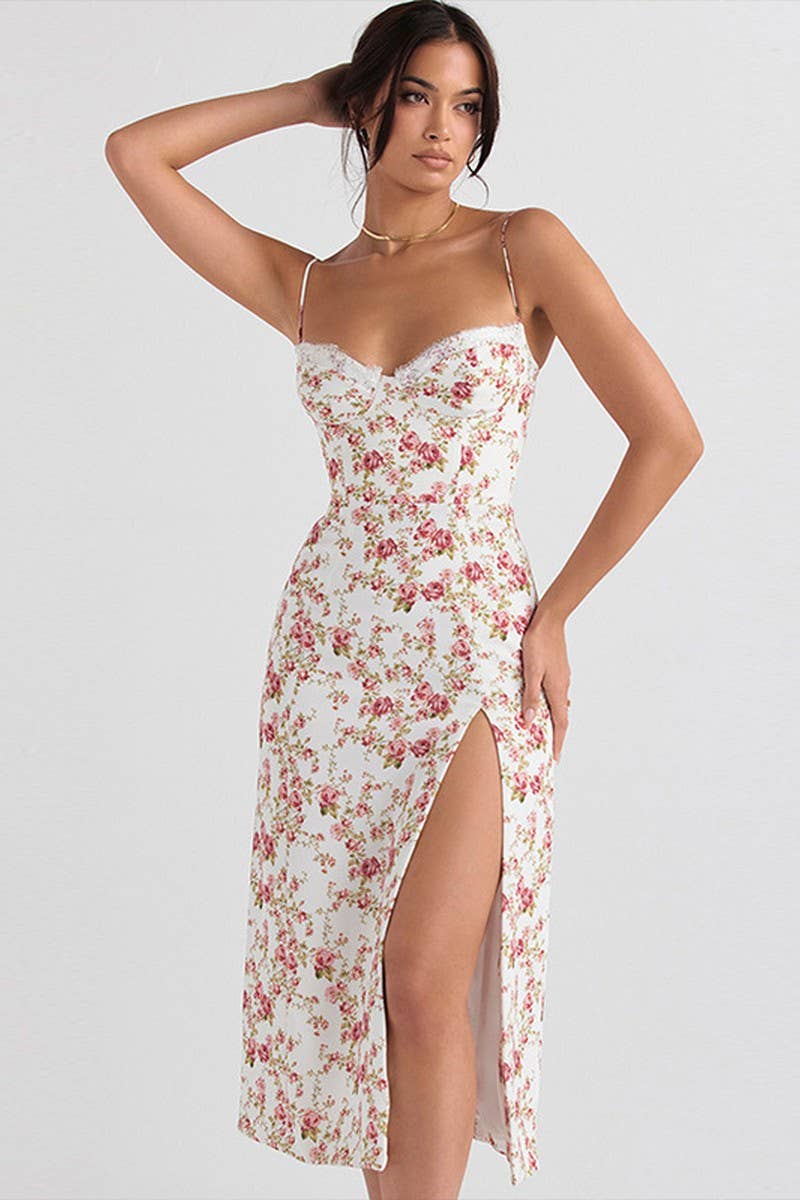 CWDMD4132_SMALL FLORAL BOHEMIAN SLIT SEXY SUSPENDER DRESS