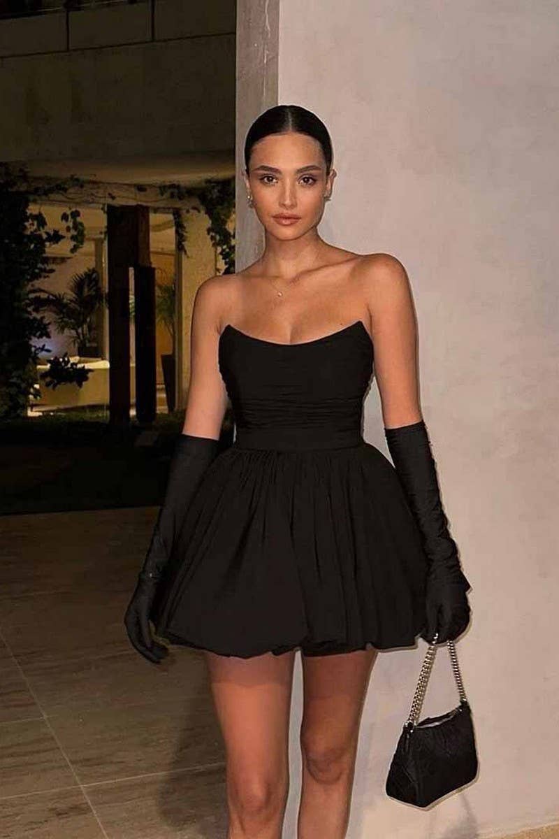 CWDTD0473_RUCHED STRAPLESS LITTLE BLACK A-LINE DRESS