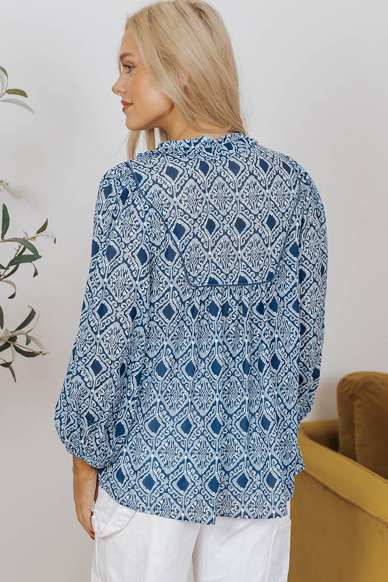 FASHION TREND GEOMETRIC PRINTED V-NECK CHIFFON