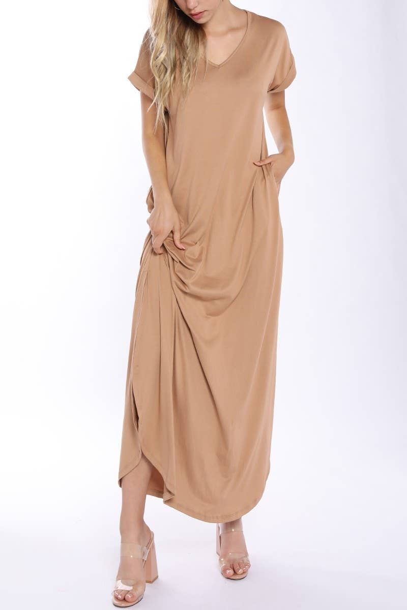 CWDMD820_SHORT SLEEVE V-NECK MAXI DRESS WITH SIDE SLIT