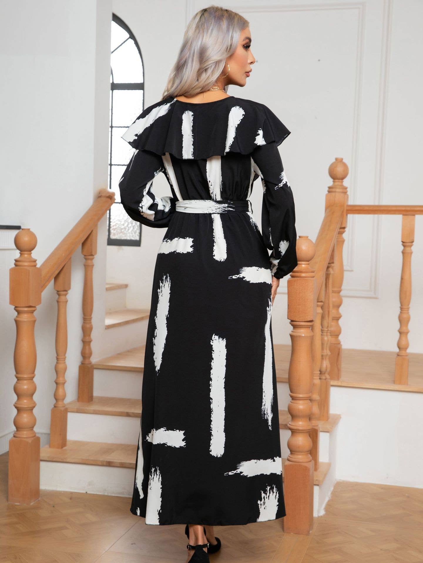 PRINTED RUFFLED COLLAR WRAPPED SLIT LONG DRESS