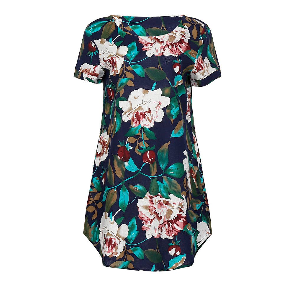 SHORT SLEEVE COTTON AND LINEN FLORAL PRINT DRESS