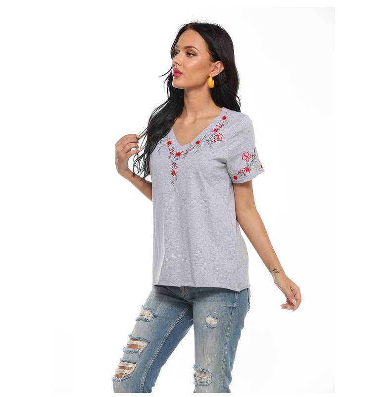 V-NECK FLORAL EMBROIDERED BLOUSE