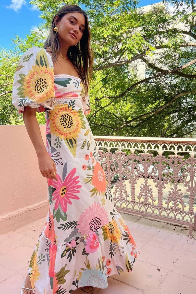 CWDMD6097_OFF SHOULDER PRINT LANTERN SLEEVE PATCHWORK DRESS