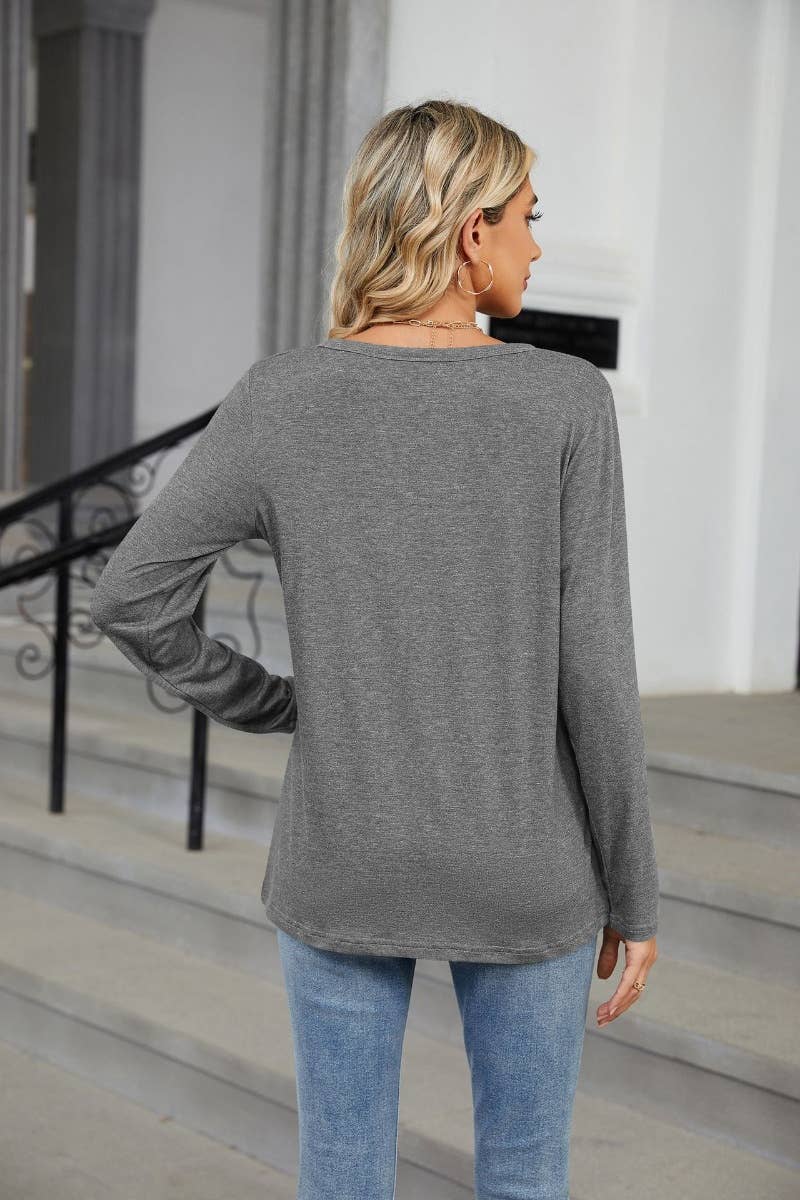 Cwtbll2861_Fall Solid Color V-Neck Long Sleeve Loose Top