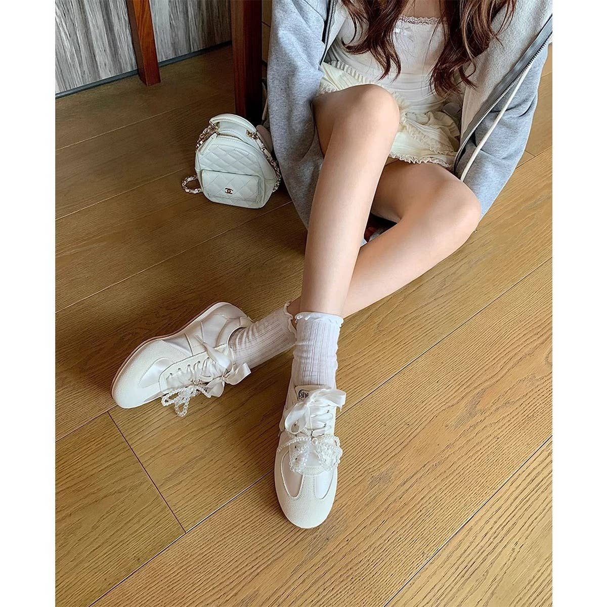 Satin Ballet Sneakers with Pearl Ribbon Trim