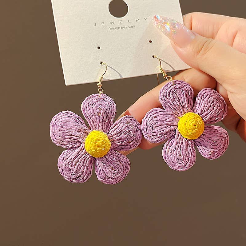 Woven raffia grass exaggerated flower earrings