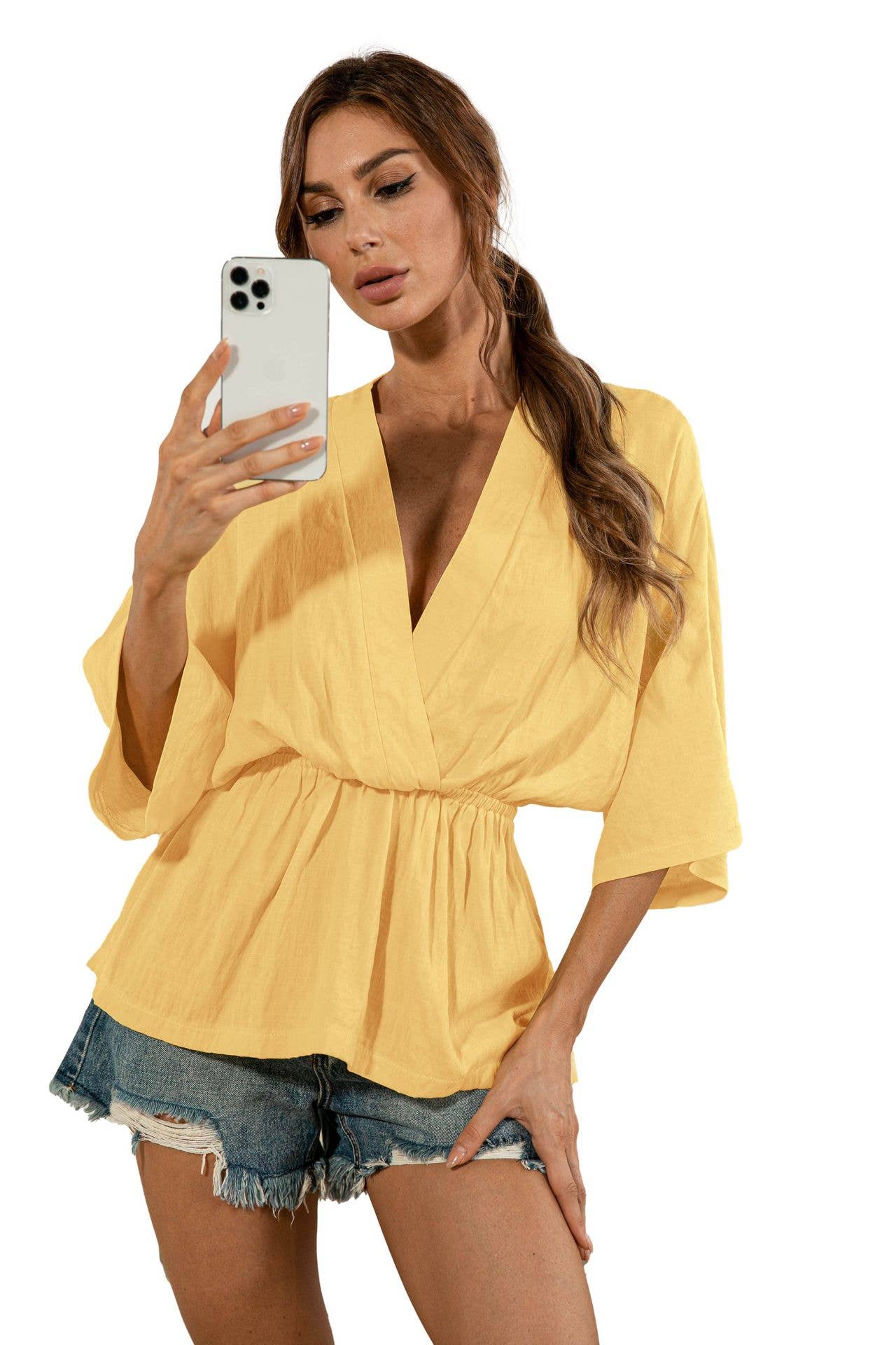 Solid color deep V-neck loose waist blouse