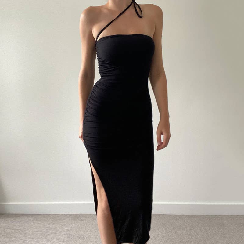Pleated split backless strapless sexy slim dress