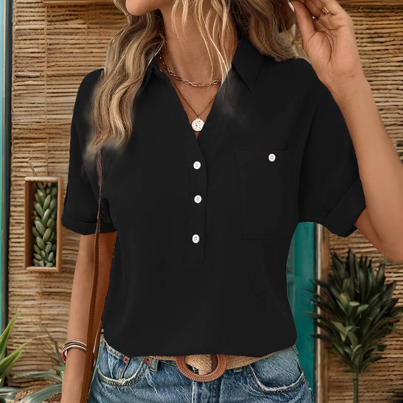 Solid V-Neck Button-Up Shirt with Pockets