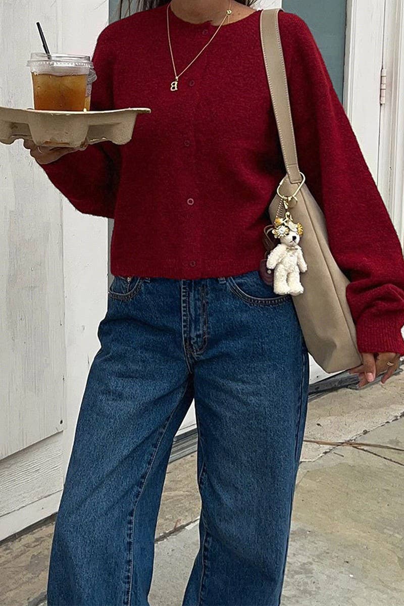 CWOCAL00745_SOLID CREW NECK LONG SLEEVE KNIT CARDIGAN