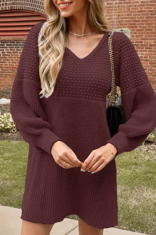 CWDSD5912_V-NECK LANTERN SLEEVE KNITTED SWEATER DRESS