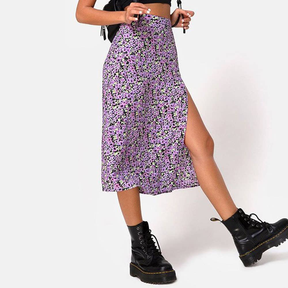 Floral High Waist Slit Midi A-Line Skirt