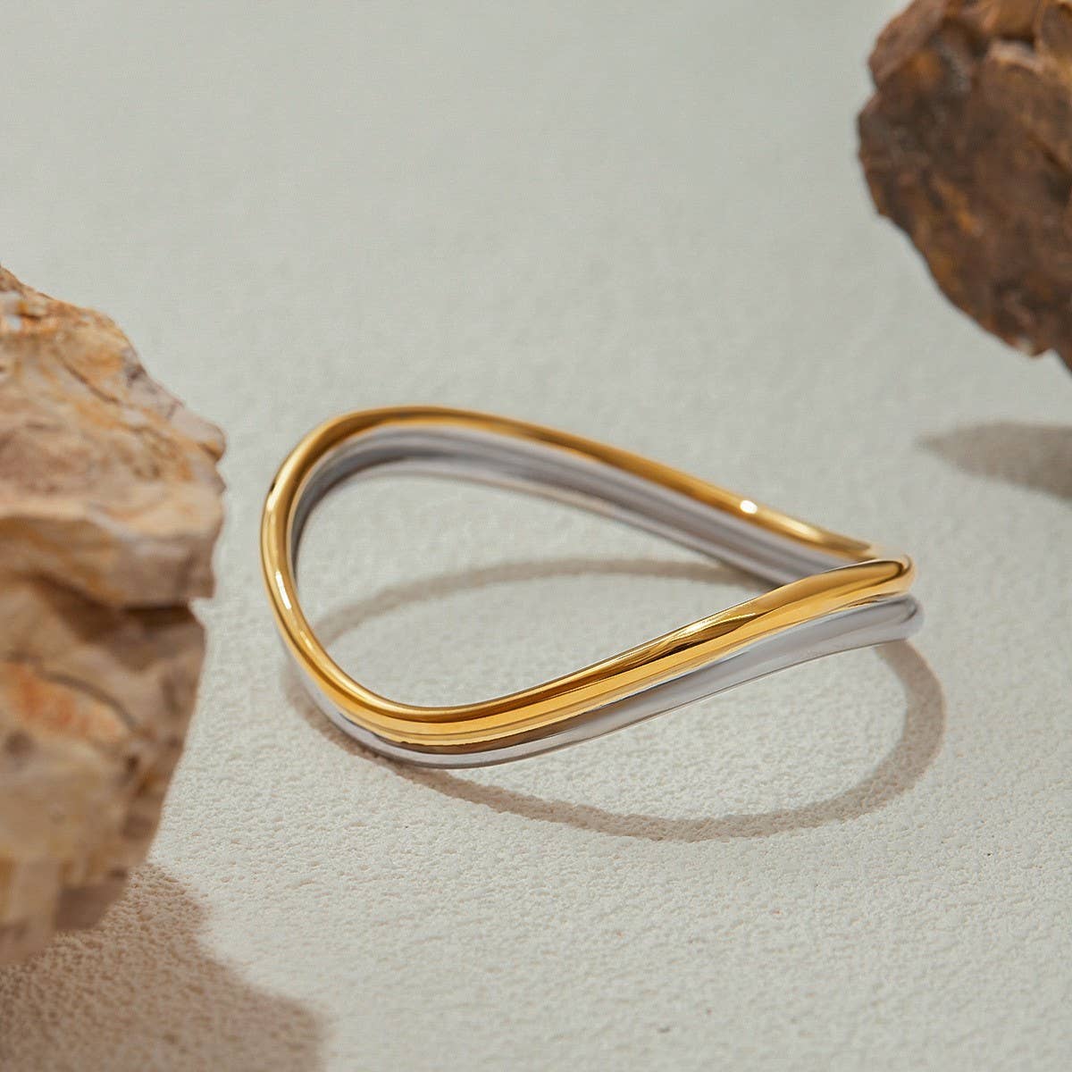 Gold-Silver Wave Bangle in 18K Stainless Steel
