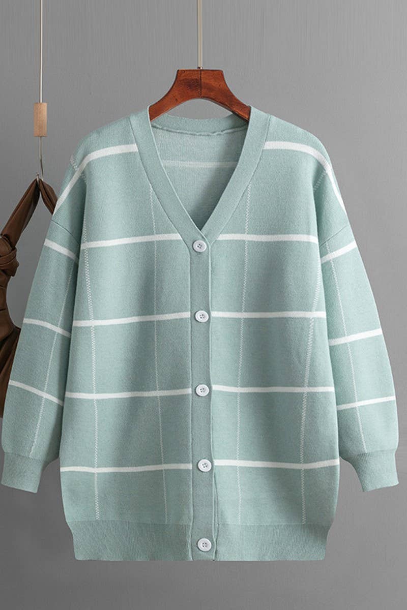 CWOCAL00671_STRIPED PLAID LOOSE KNIT CARDIGAN SWEATER