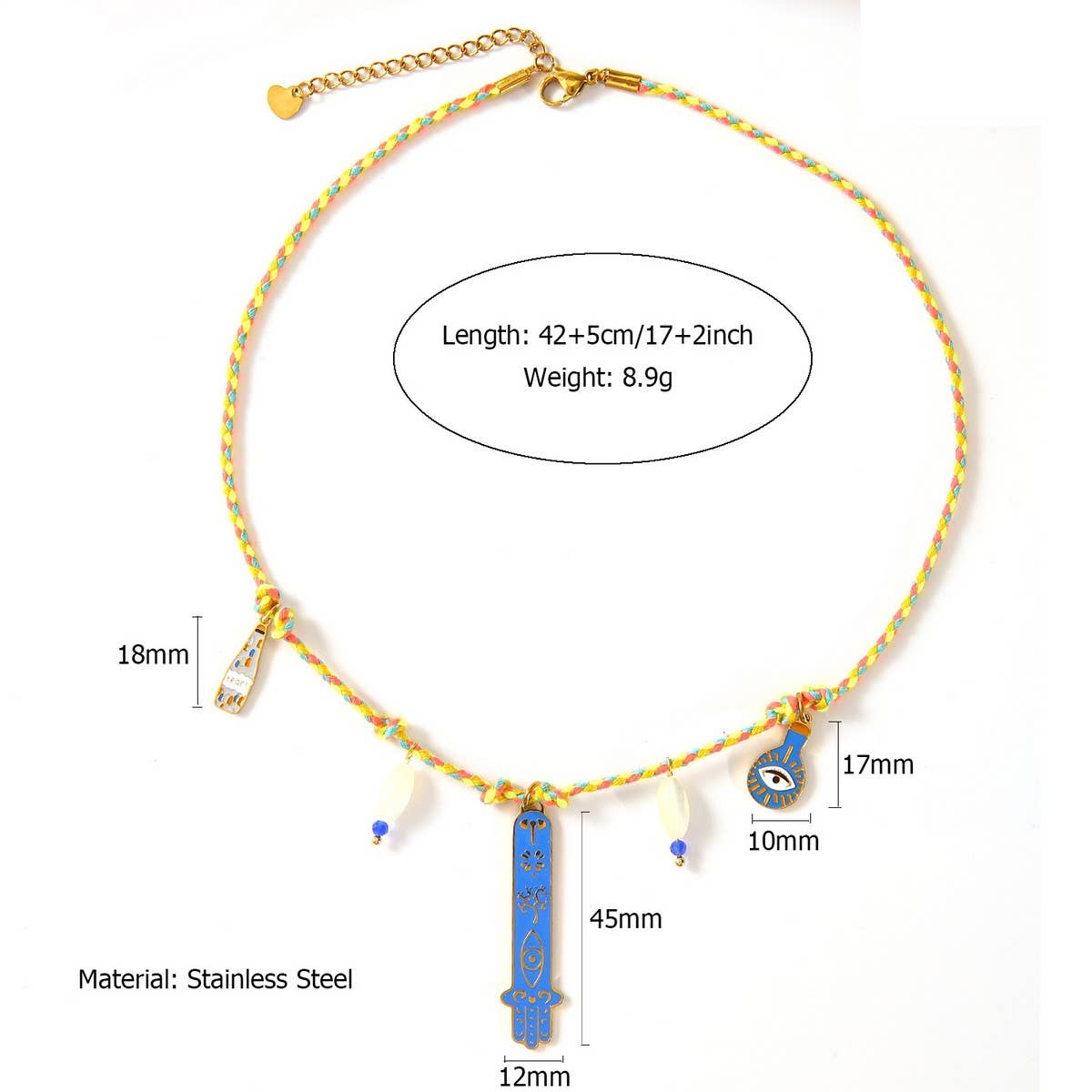 Knotted Cotton Rope Necklace with Fatima Pendant